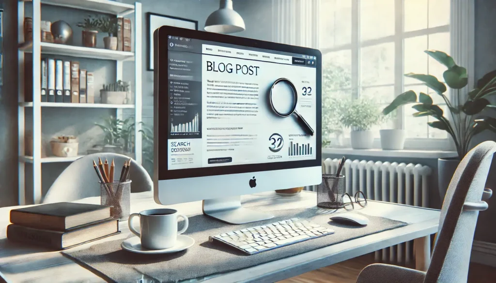 A realistic image of a modern workspace with a computer screen displaying a blog post. The screen shows text content, a search bar with a magnifying glass